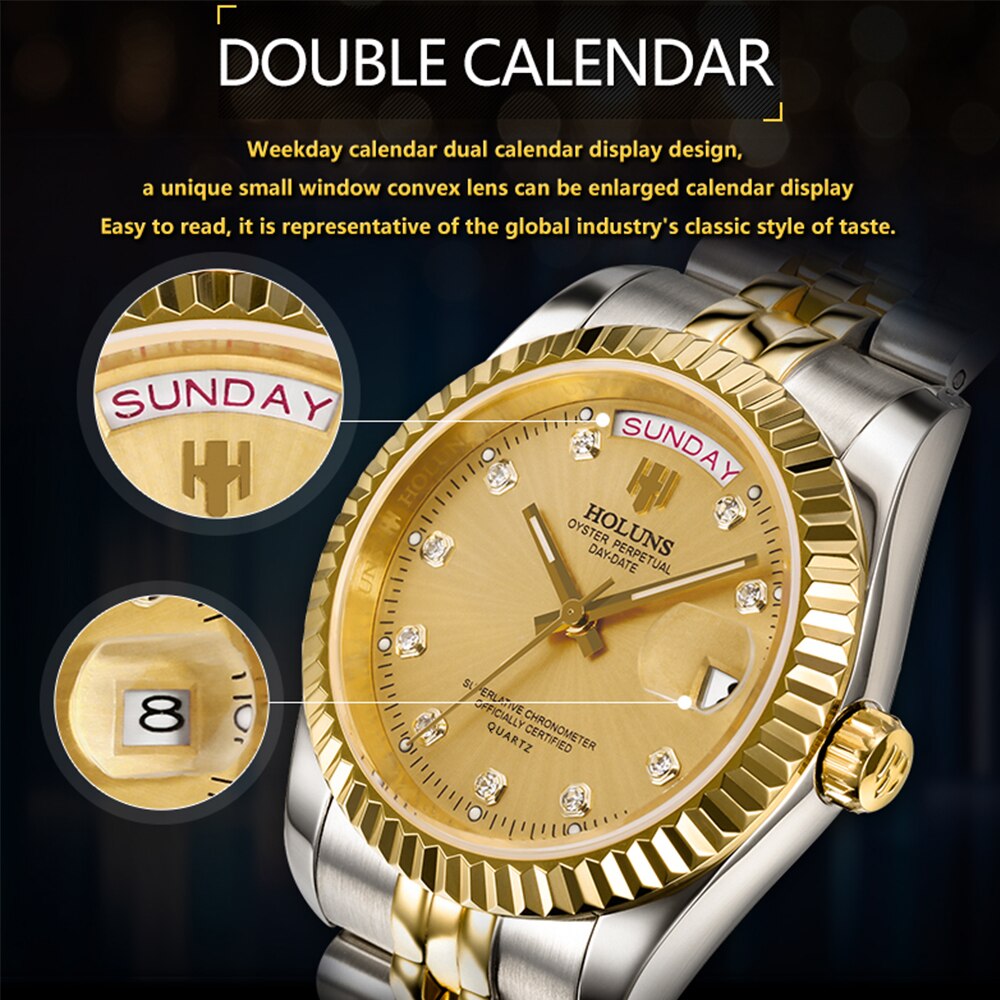 Holuns Men Watches 2018 Luxury Top Brand Gold Diamond Role Quartz Stainless Steel Calendar Relogio Masculino 5fee985b 6133 4053 9bdd
