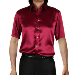 Luxury Business Shirts Men Tuxedo Dress Shirts Smooth Silk Short Sleeve Male Tee Tops Loose Fit Turn-Down Collar Button Down - Dubbs Alpha League 
